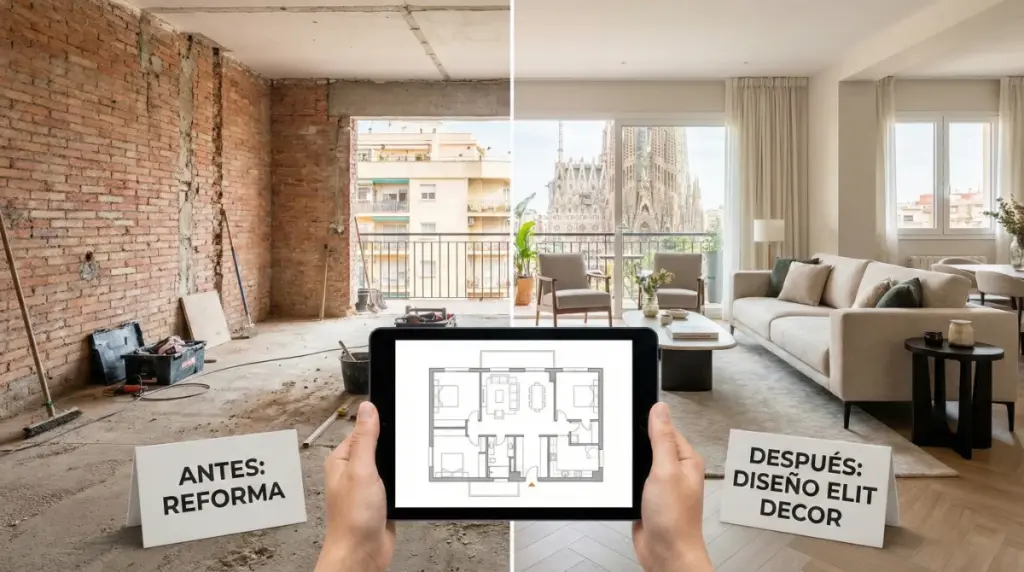 Guia de reforma integral y diseño en Barcelona - Proyecto de interiorismo y reforma - Izquierda al principio de una reforma y en la derecha reforma integral concluida y después de amueblar por interiorista